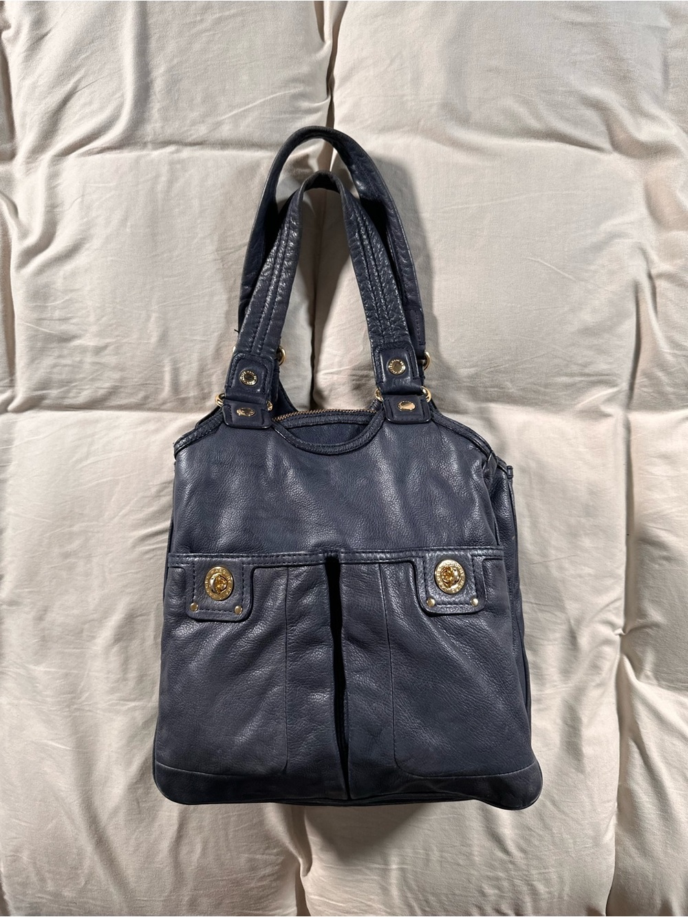 Marc Jacob’s Totally TURNLOCK Teri Tote Navy Pebbles Leather Flawed Y2K Purse